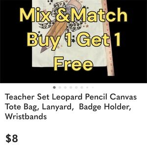 Teacher Set Leopard Pencil Canvas Tote Bag, Lanyard, Badge Holder, Wristbands